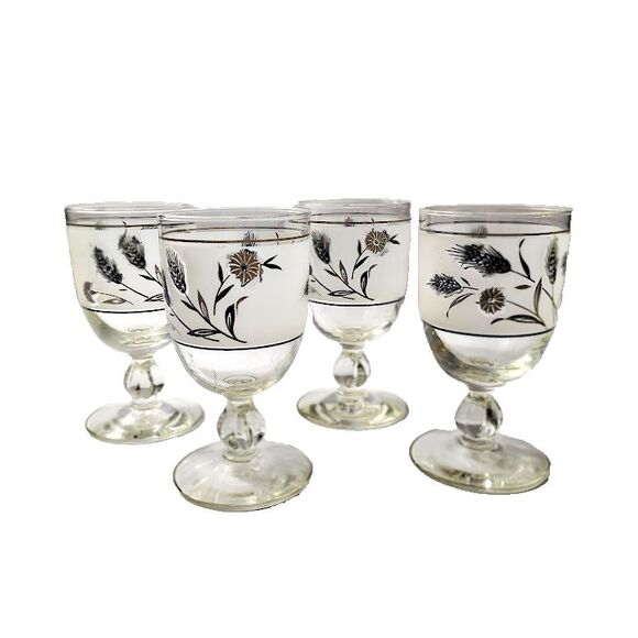 4 Vintage Libbey Silver Wheat &Thistle Frosted Goblet Glasses 8 oz 1960s - Picture 2 of 2